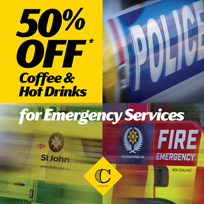 50% Off Coffee and Hot Drinks for our Emergency Services - Conditions apply. 